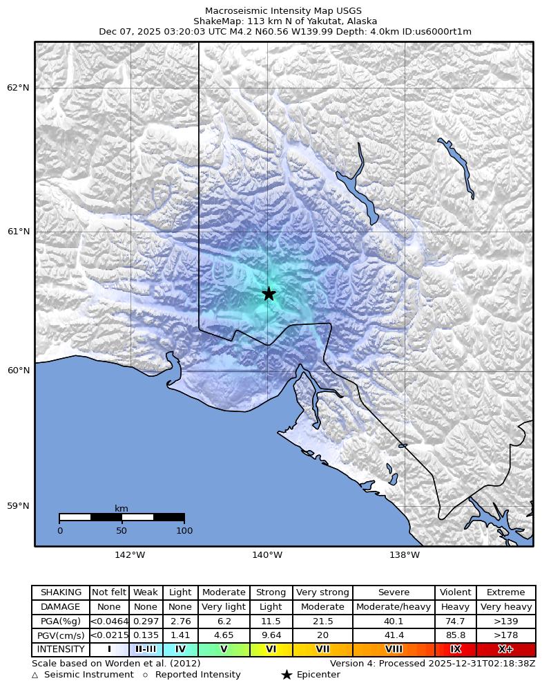 USGS ShakeMap: estimated shaking intensity around the epicenter