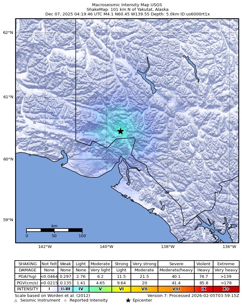 USGS ShakeMap: estimated shaking intensity around the epicenter
