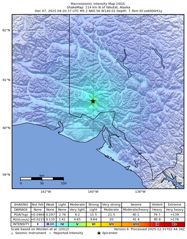 USGS ShakeMap intensity contours for the M5.2 earthquake near 114 km N of Yakutat, Alaska