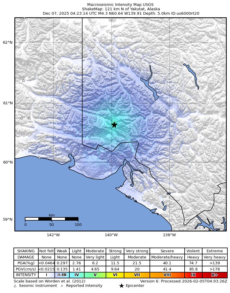 USGS ShakeMap: estimated shaking intensity around the epicenter