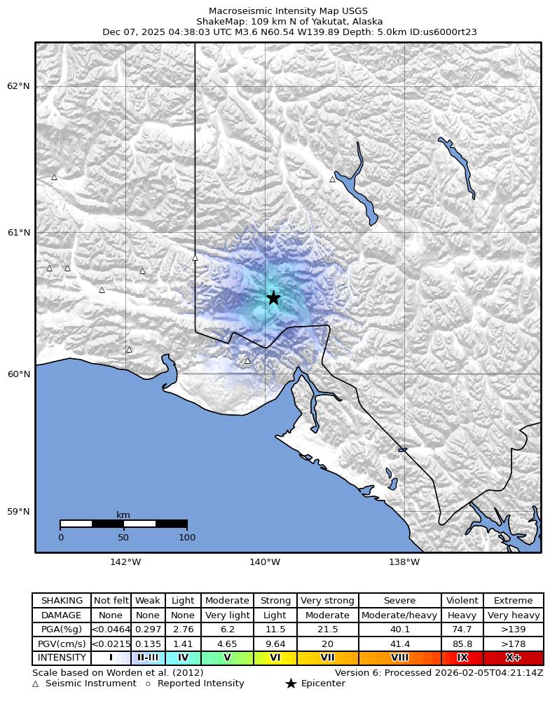 USGS ShakeMap: estimated shaking intensity around the epicenter