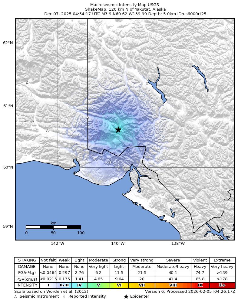 USGS ShakeMap: estimated shaking intensity around the epicenter