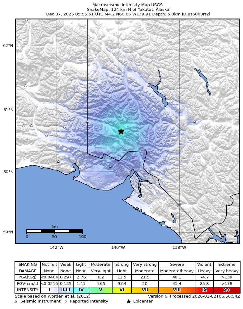 USGS ShakeMap: estimated shaking intensity around the epicenter