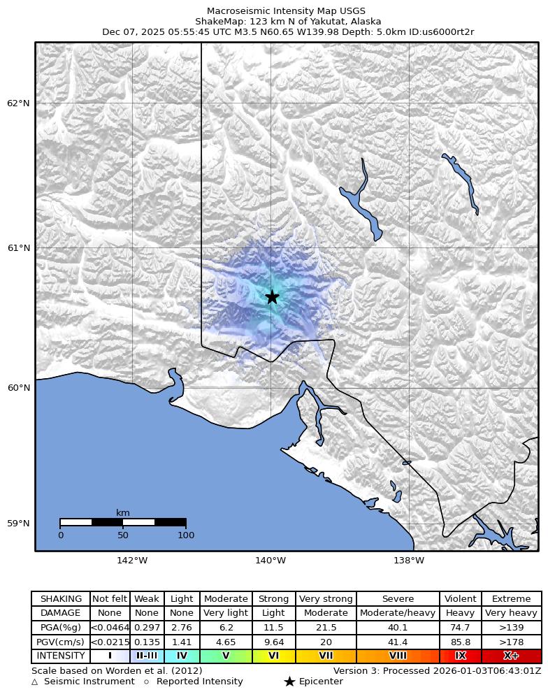 USGS ShakeMap: estimated shaking intensity around the epicenter