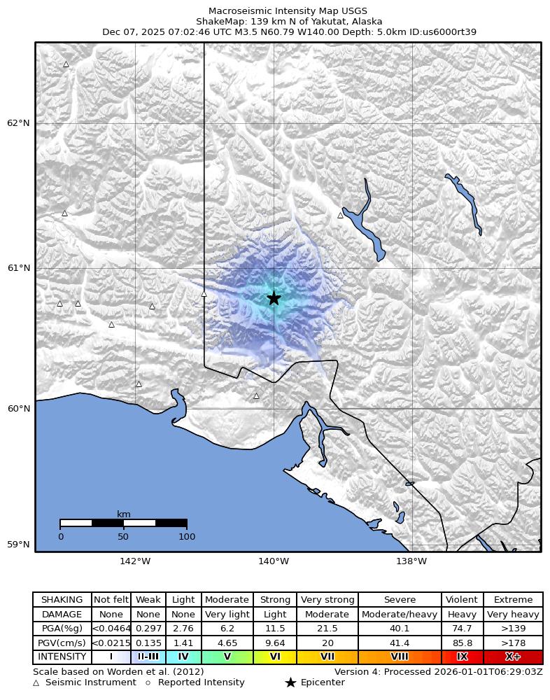 USGS ShakeMap: estimated shaking intensity around the epicenter