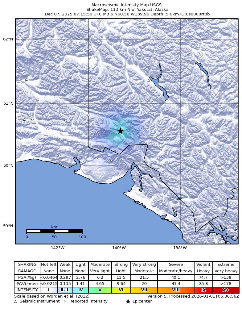 USGS ShakeMap: estimated shaking intensity around the epicenter