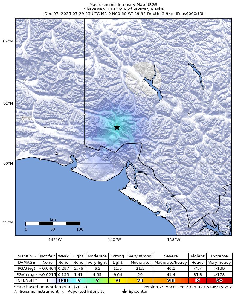 USGS ShakeMap: estimated shaking intensity around the epicenter