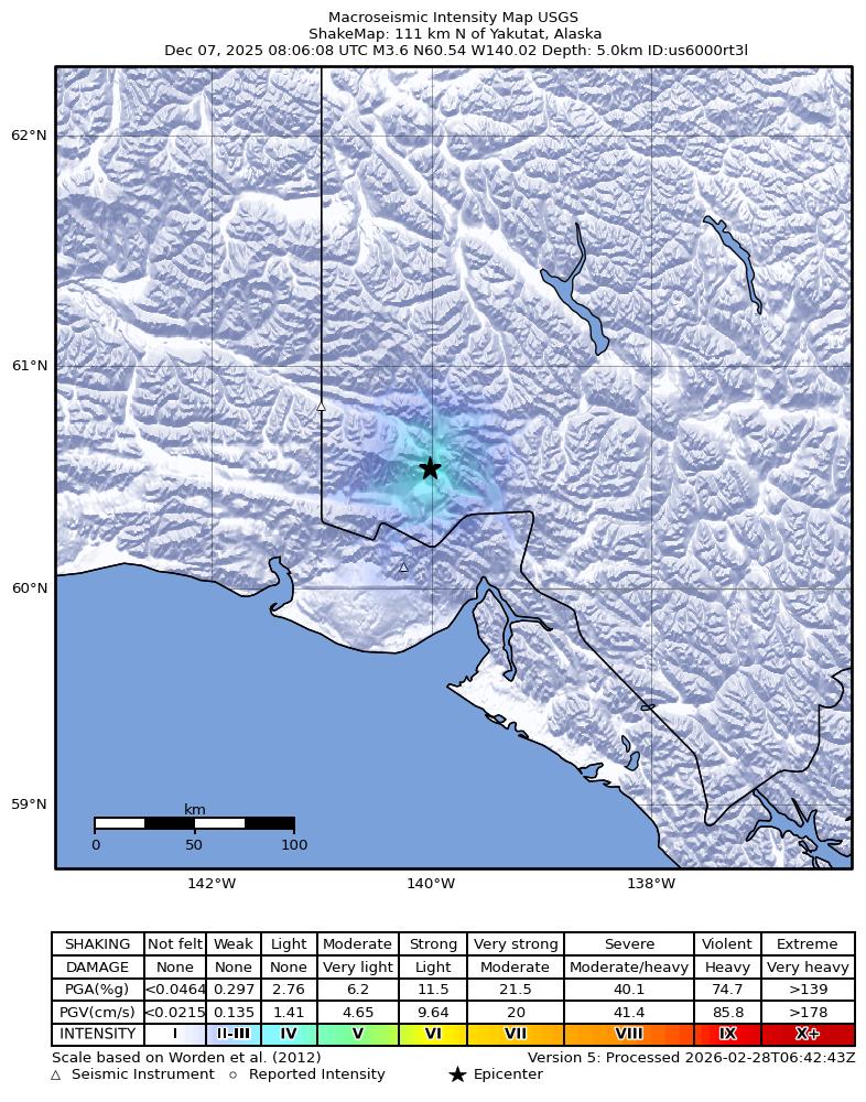 USGS ShakeMap: estimated shaking intensity around the epicenter