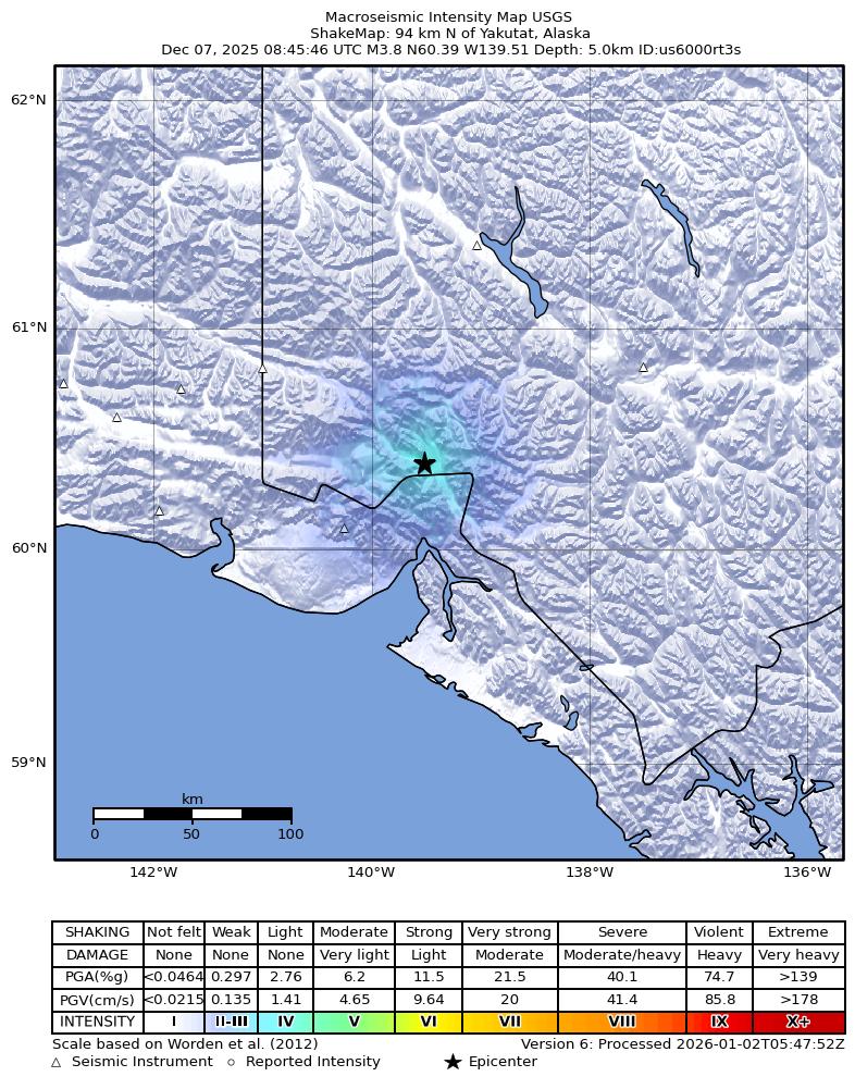 USGS ShakeMap: estimated shaking intensity around the epicenter