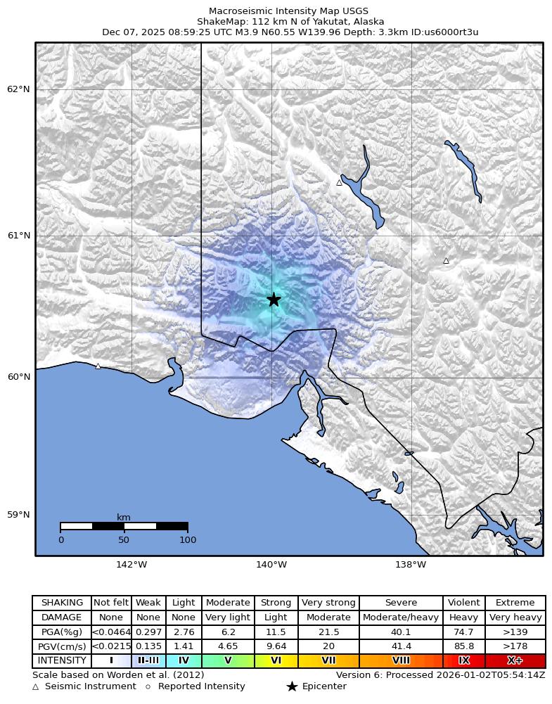 USGS ShakeMap: estimated shaking intensity around the epicenter