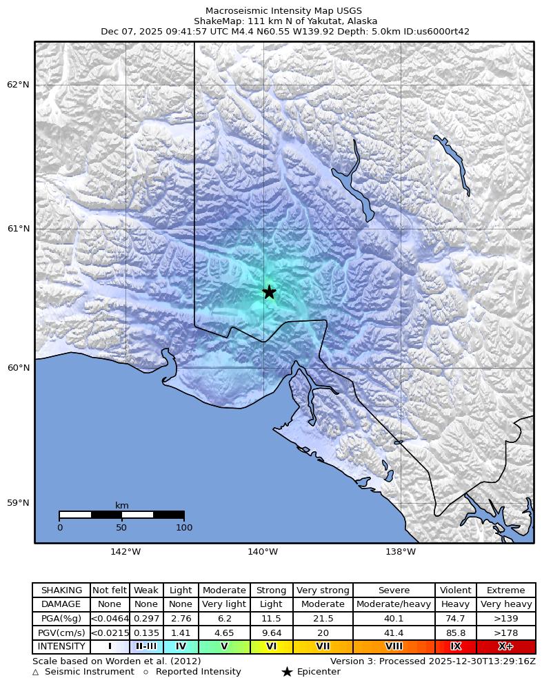 USGS ShakeMap: estimated shaking intensity around the epicenter