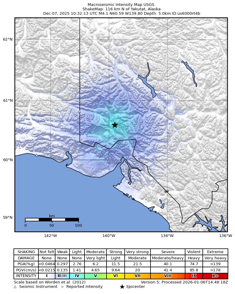 USGS ShakeMap: estimated shaking intensity around the epicenter