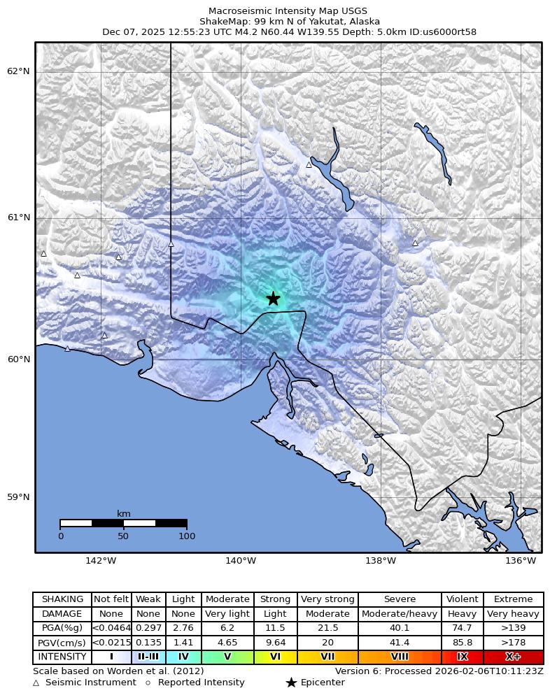 USGS ShakeMap: estimated shaking intensity around the epicenter