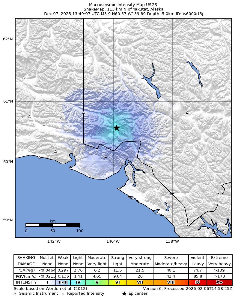 USGS ShakeMap: estimated shaking intensity around the epicenter