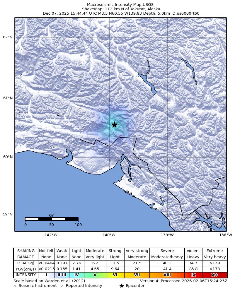 USGS ShakeMap: estimated shaking intensity around the epicenter