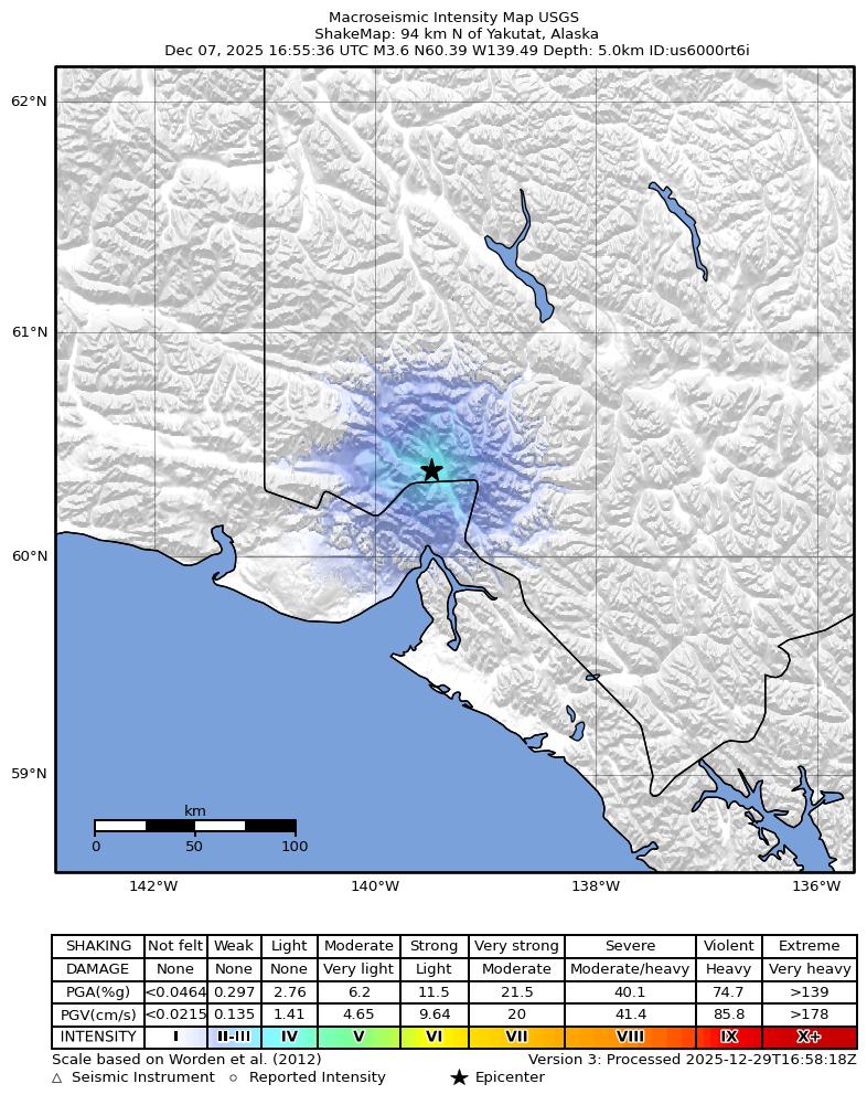 USGS ShakeMap: estimated shaking intensity around the epicenter