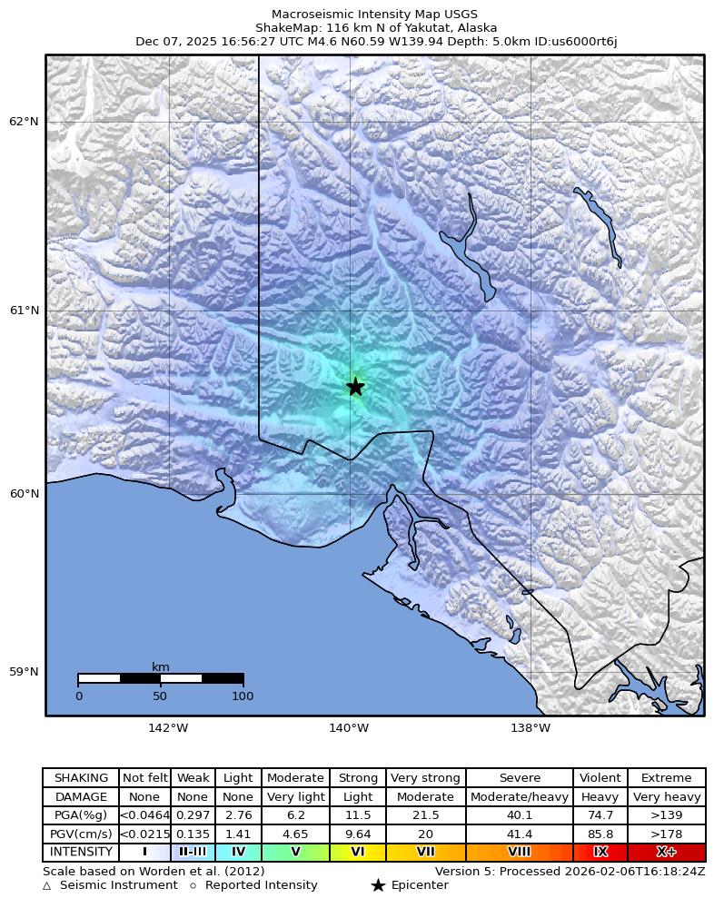 USGS ShakeMap: estimated shaking intensity around the epicenter