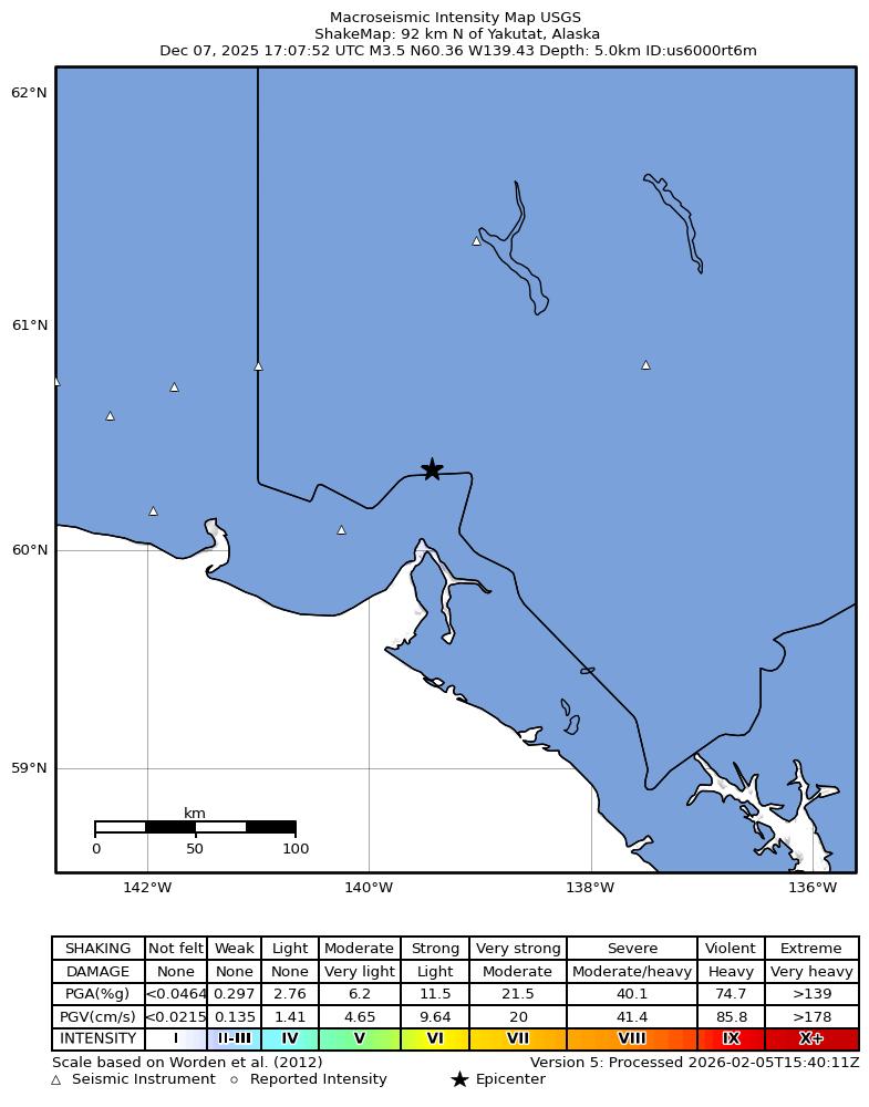 USGS ShakeMap: estimated shaking intensity around the epicenter