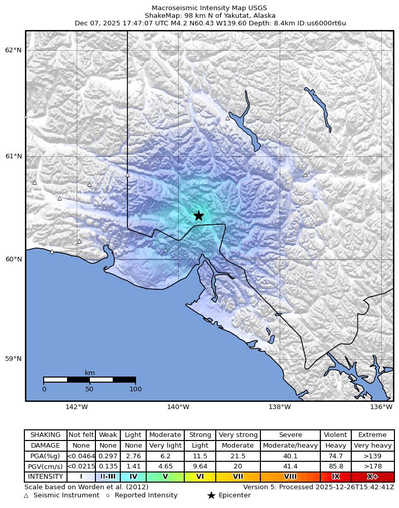 USGS ShakeMap: estimated shaking intensity around the epicenter