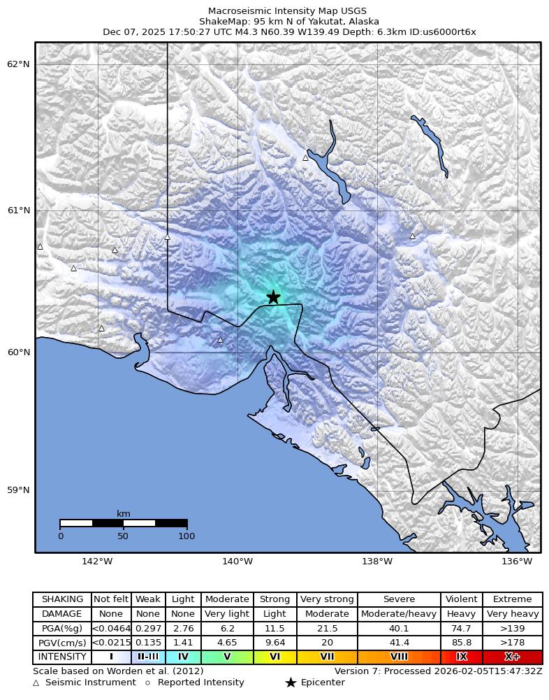 USGS ShakeMap: estimated shaking intensity around the epicenter