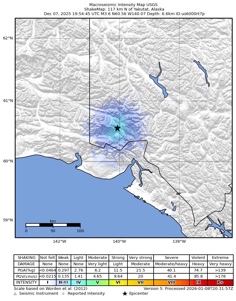 USGS ShakeMap: estimated shaking intensity around the epicenter