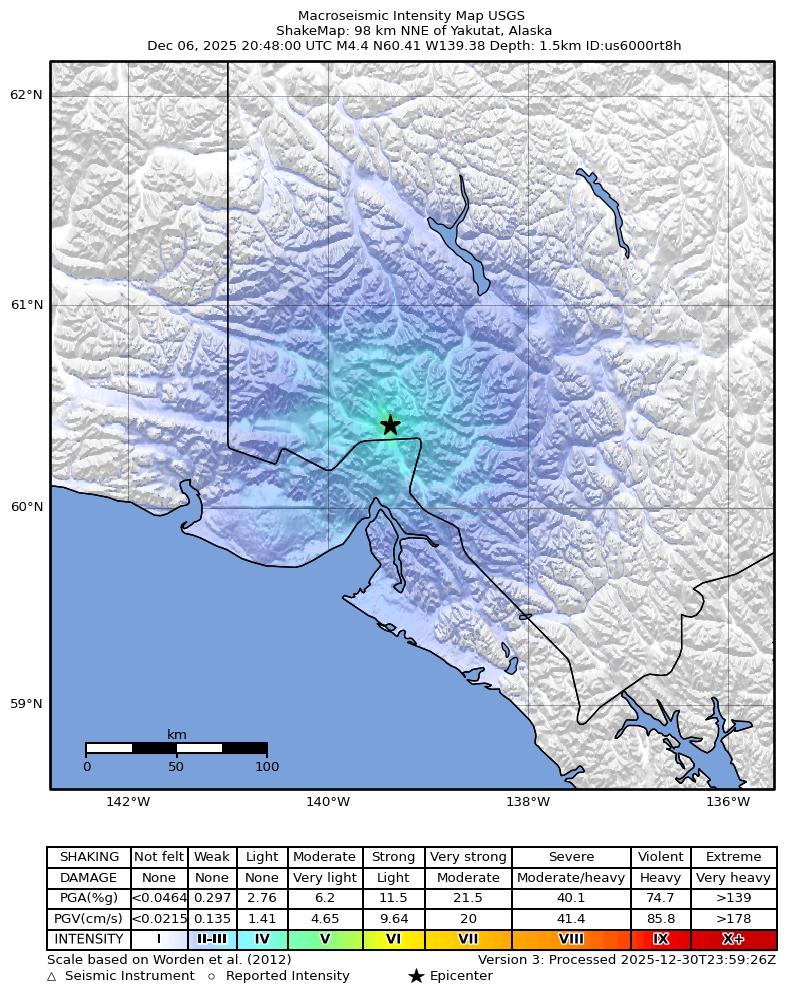 USGS ShakeMap: estimated shaking intensity around the epicenter