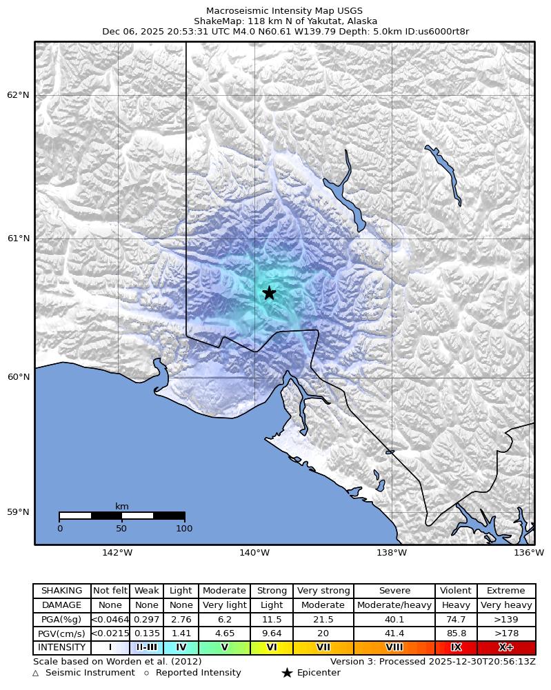 USGS ShakeMap: estimated shaking intensity around the epicenter