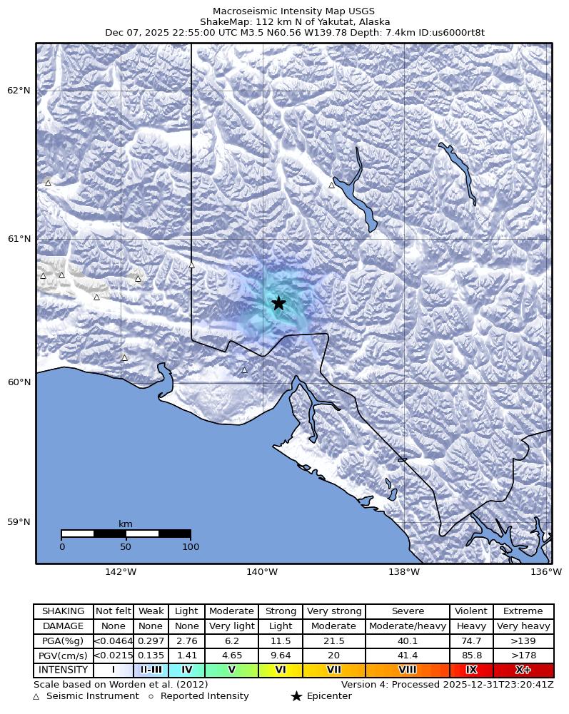 USGS ShakeMap intensity contours for the M3.5 earthquake near 112 km N of Yakutat, Alaska
