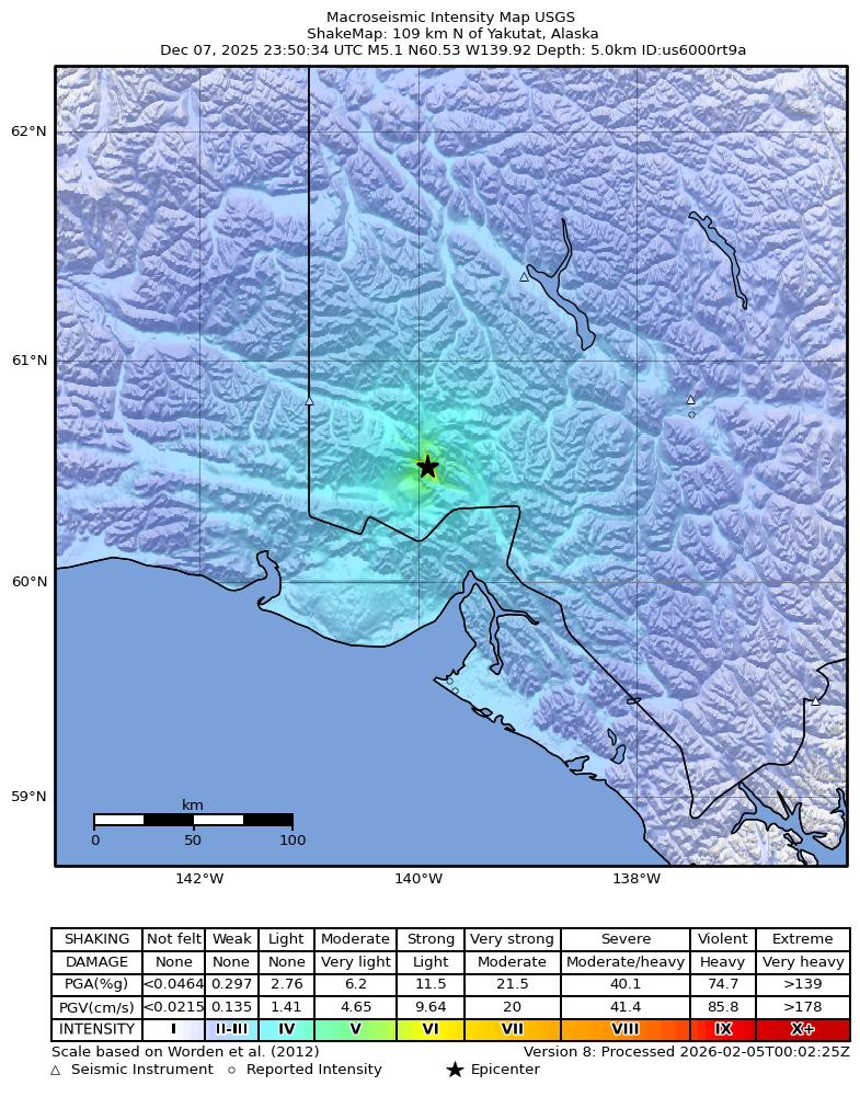 USGS ShakeMap intensity contours for the M5.1 earthquake near 109 km N of Yakutat, Alaska