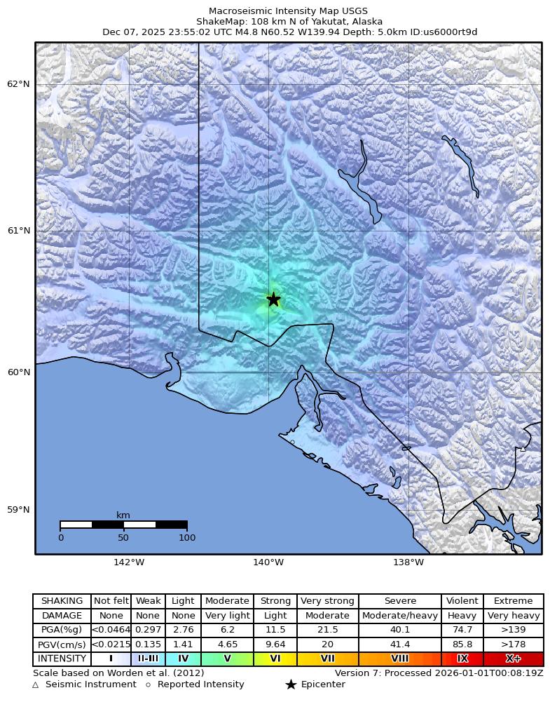 USGS ShakeMap intensity contours for the M4.8 earthquake near 108 km N of Yakutat, Alaska