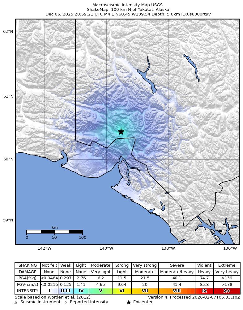 USGS ShakeMap: estimated shaking intensity around the epicenter