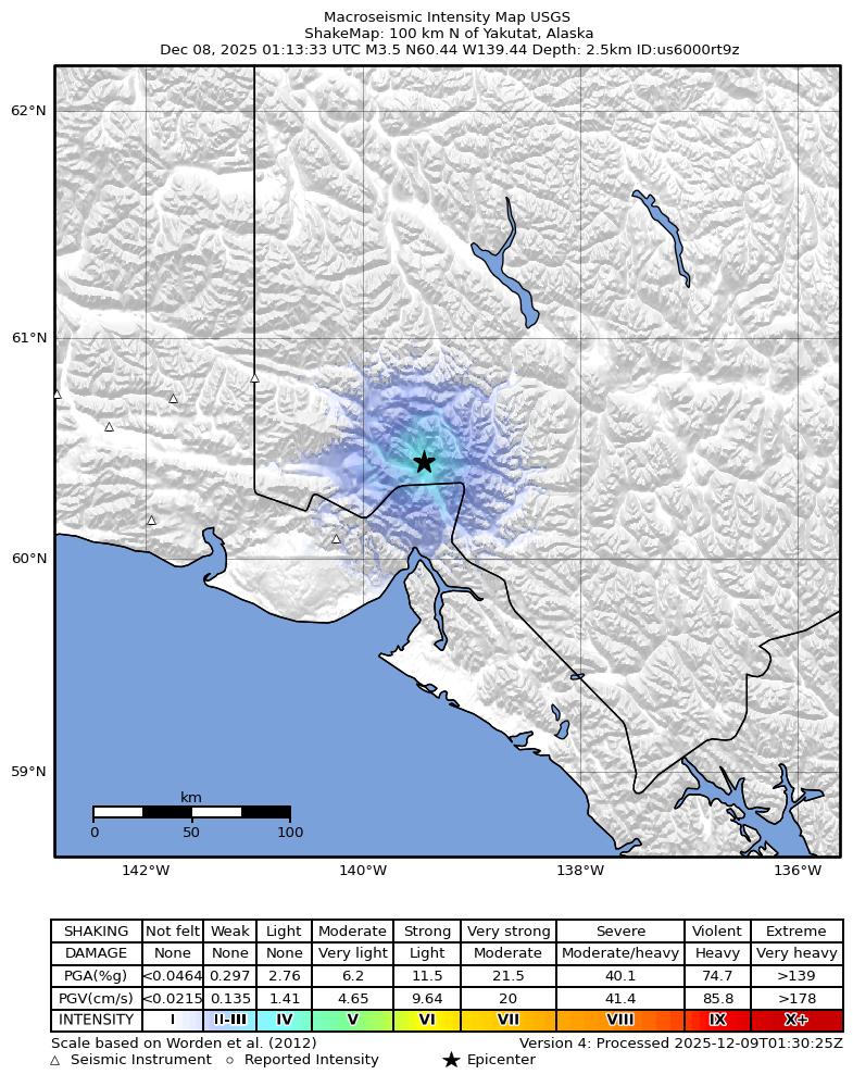 USGS ShakeMap: estimated shaking intensity around the epicenter