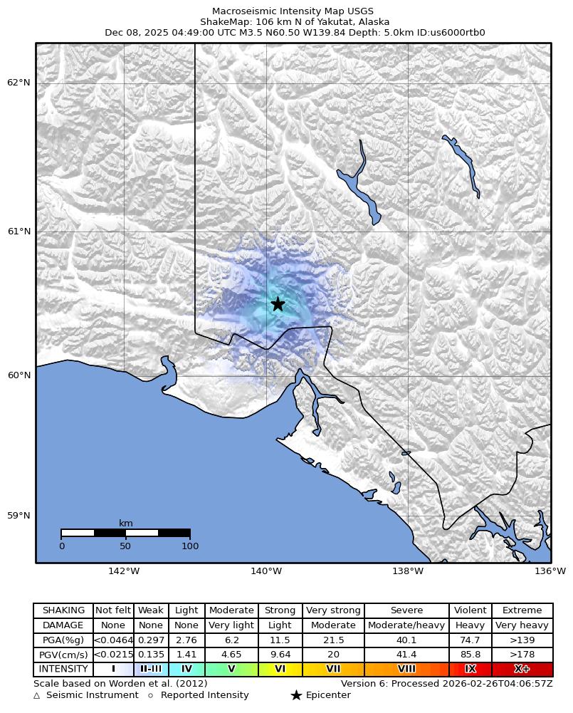 USGS ShakeMap: estimated shaking intensity around the epicenter
