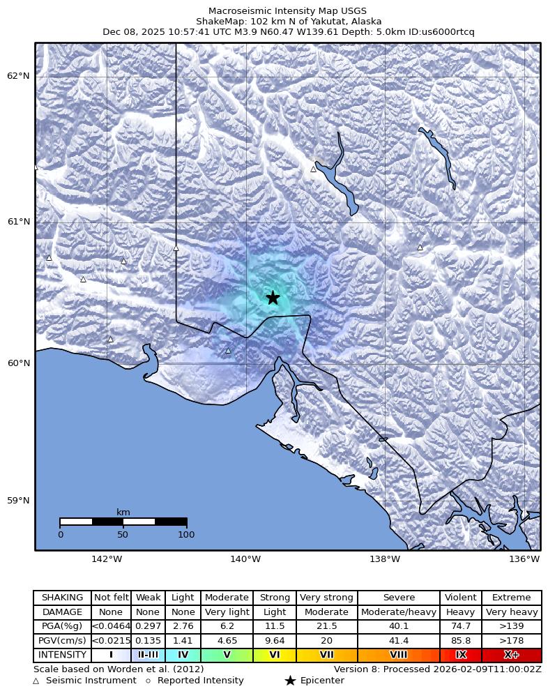USGS ShakeMap: estimated shaking intensity around the epicenter