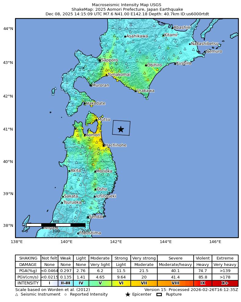 USGS ShakeMap intensity contours for the M7.6 earthquake near 2025 Aomori Prefecture, Japan Earthquake
