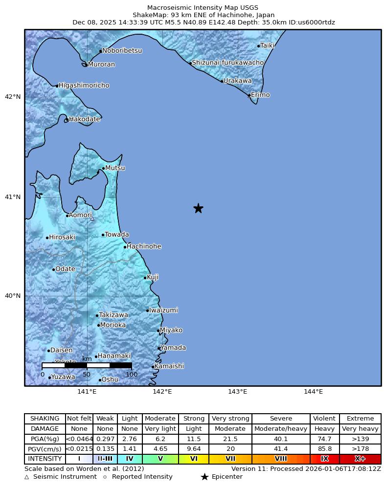 USGS ShakeMap intensity contours for the M5.5 earthquake near 93 km ENE of Hachinohe, Japan