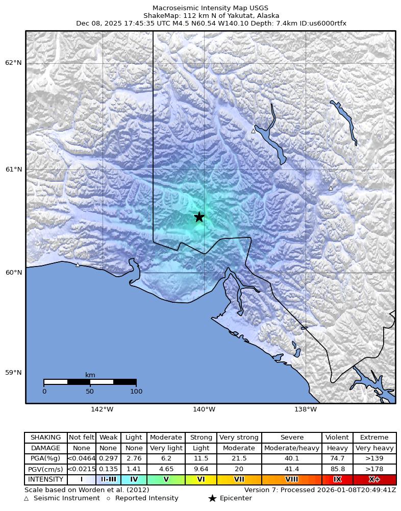 USGS ShakeMap: estimated shaking intensity around the epicenter