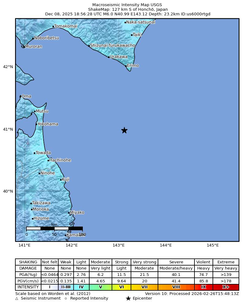 USGS ShakeMap intensity contours for the M6.0 earthquake near 127 km S of Honchō, Japan