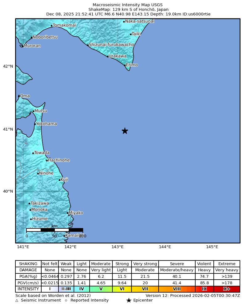 USGS ShakeMap intensity contours for the M6.6 earthquake near 129 km S of Honchō, Japan