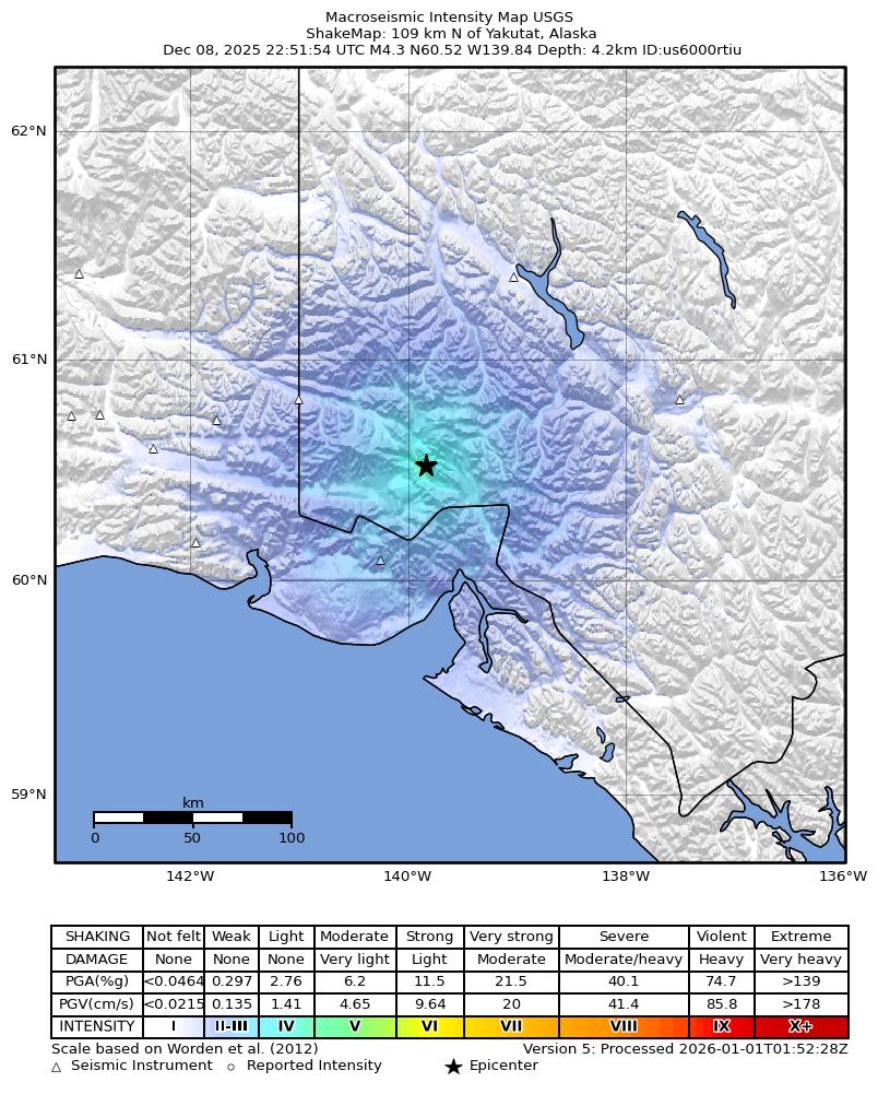 USGS ShakeMap intensity contours for the M4.3 earthquake near 109 km N of Yakutat, Alaska
