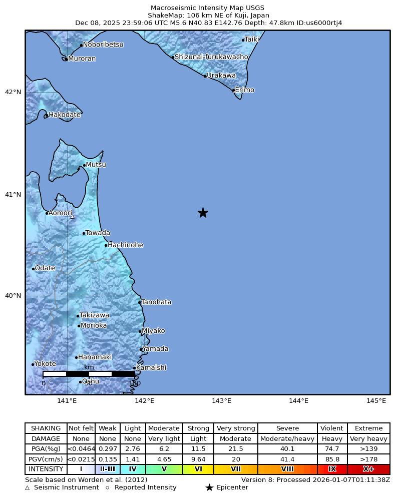 USGS ShakeMap intensity contours for the M5.6 earthquake near 109 km NE of Kuji, Japan