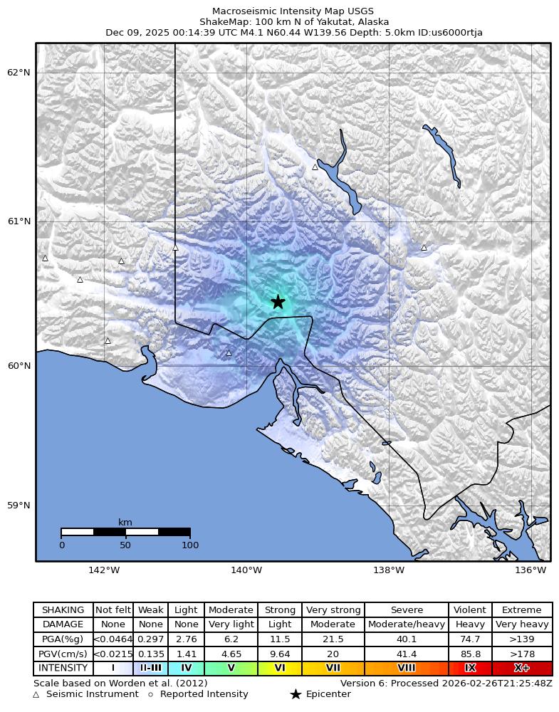 USGS ShakeMap: estimated shaking intensity around the epicenter