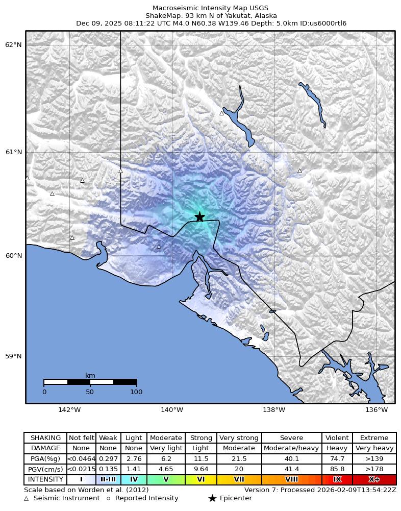USGS ShakeMap: estimated shaking intensity around the epicenter