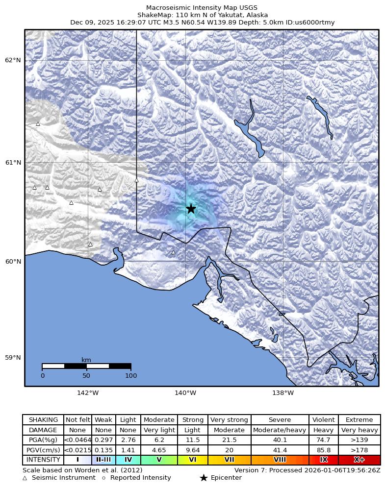 USGS ShakeMap: estimated shaking intensity around the epicenter