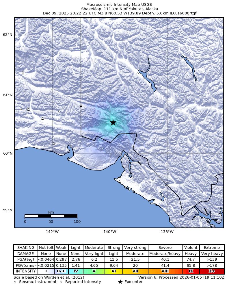 USGS ShakeMap: estimated shaking intensity around the epicenter