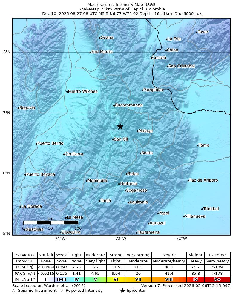 USGS ShakeMap intensity contours for the M5.5 earthquake near 5 km WNW of Cepitá, Colombia