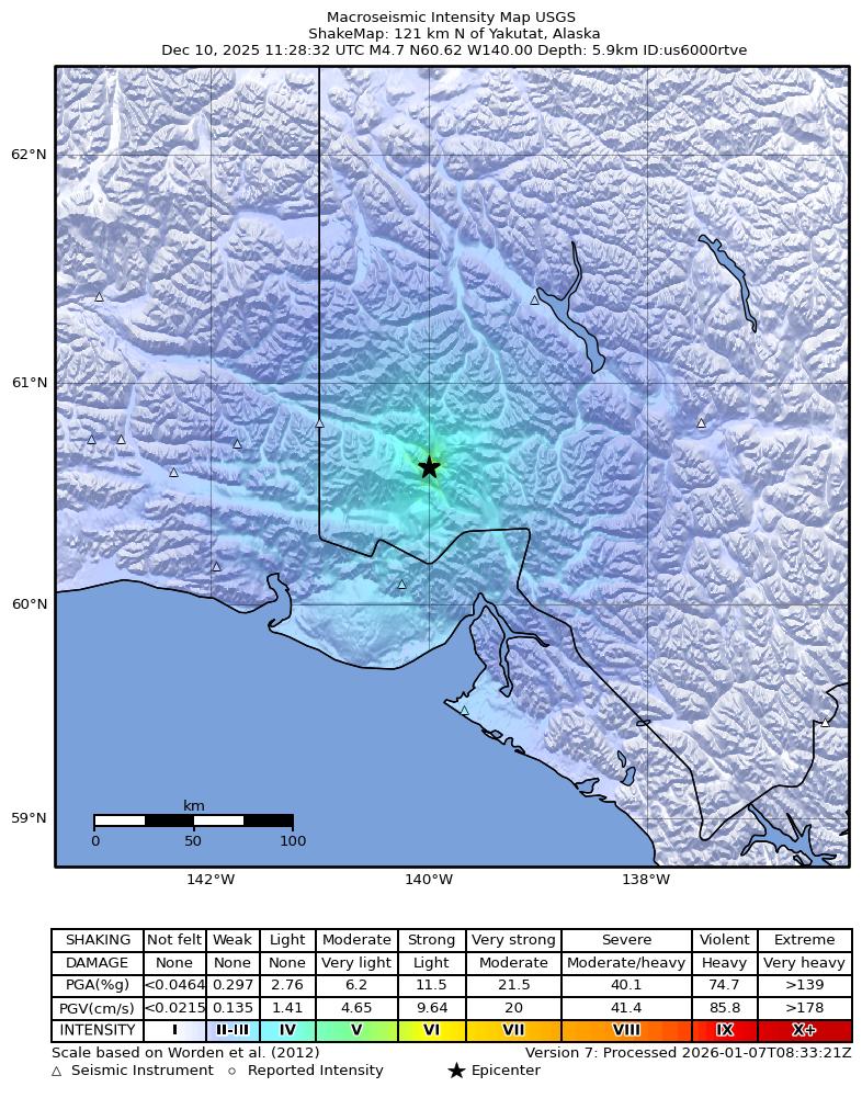 USGS ShakeMap intensity contours for the M4.7 earthquake near 121 km N of Yakutat, Alaska