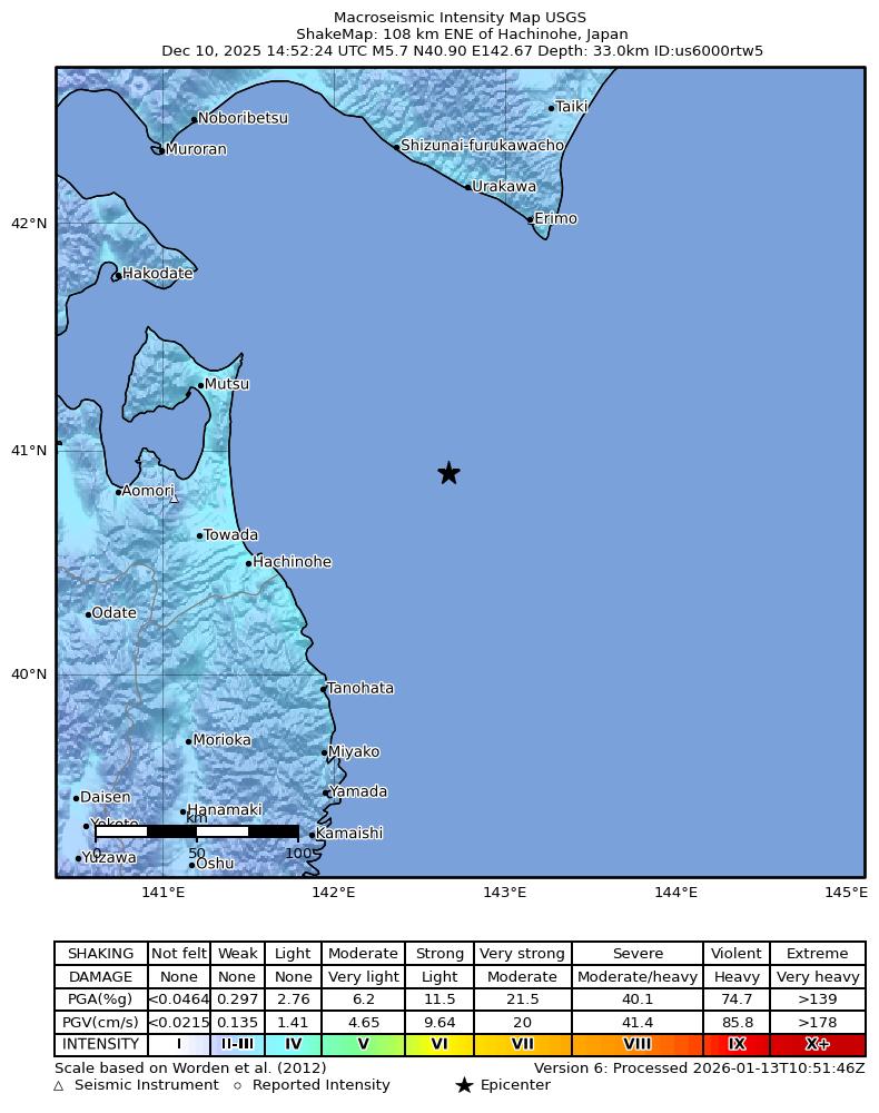 USGS ShakeMap intensity contours for the M5.7 earthquake near 108 km ENE of Hachinohe, Japan