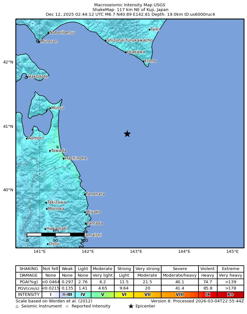 USGS ShakeMap intensity contours for the M6.7 earthquake near 117 km NE of Kuji, Japan