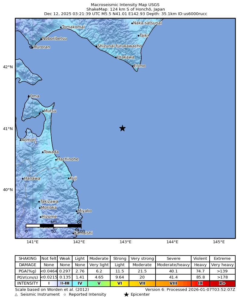 USGS ShakeMap intensity contours for the M5.3 earthquake near 125 km S of Honchō, Japan